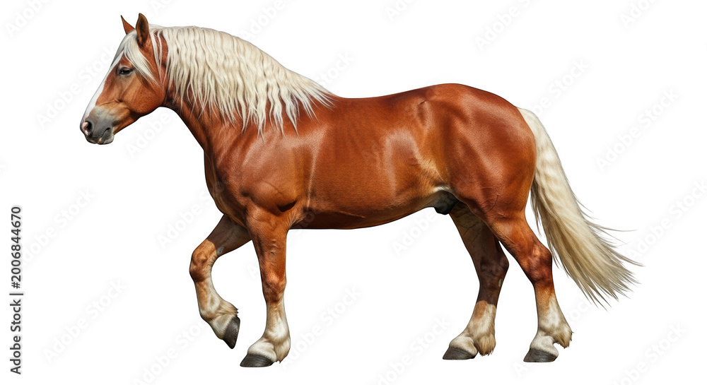 Obraz premium Side view of a muscular chestnut haflinger horse with a long flowing white mane and tail, isolated on transparent background