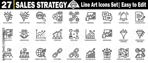 Foto Sales strategy icons for business operations, market analysis, and professional team coaching