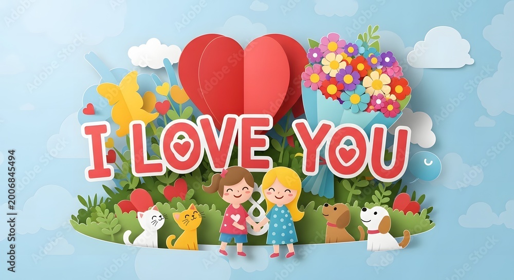 Fototapeta premium Paper craft of two young girls with a cat and a dog standing in front of a large red heart and flower bouquet