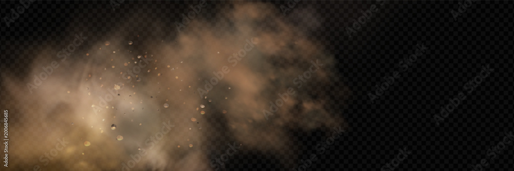 Obraz premium Flying dust and sand storm cloud effect background with brown dirt particles, smoky powder explosion and textured desert overlay.