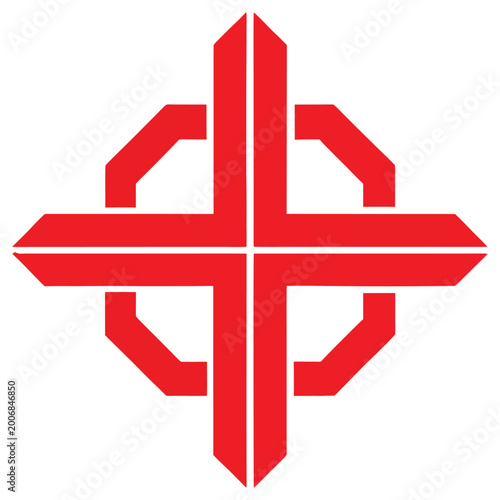 Geometric red cross symbol with extended arms and curved ends