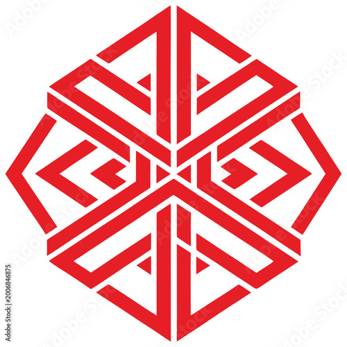 Intricate geometric snowflake pattern with symmetrical red designs.