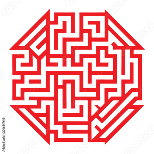 Intricate red geometric maze within a hexagonal boundary.