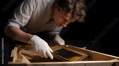 Young art conservator carefully place framed painting into a protective wooden crate, wearing white gloves to preserve the delicate artwork. Expert care