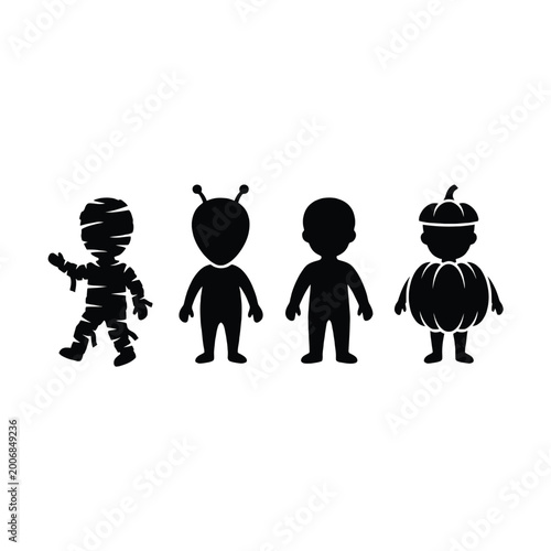 Foto Halloween Kid Silhouette Icon Pack – Pumpkin, Alien, Skeleton, and Mummy Costume
