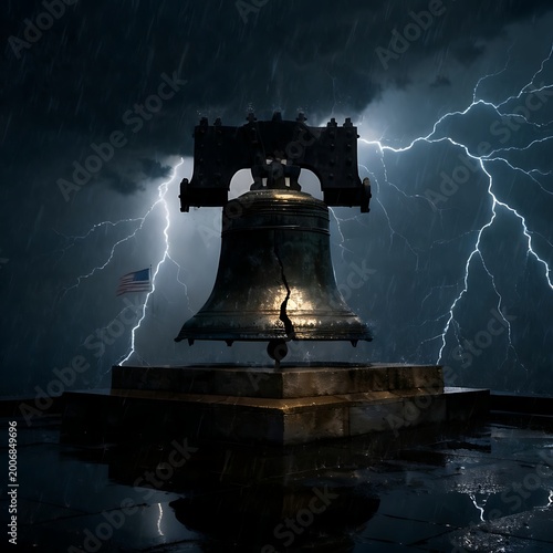 Liberty bell silhouette during a dramatic lightning storm