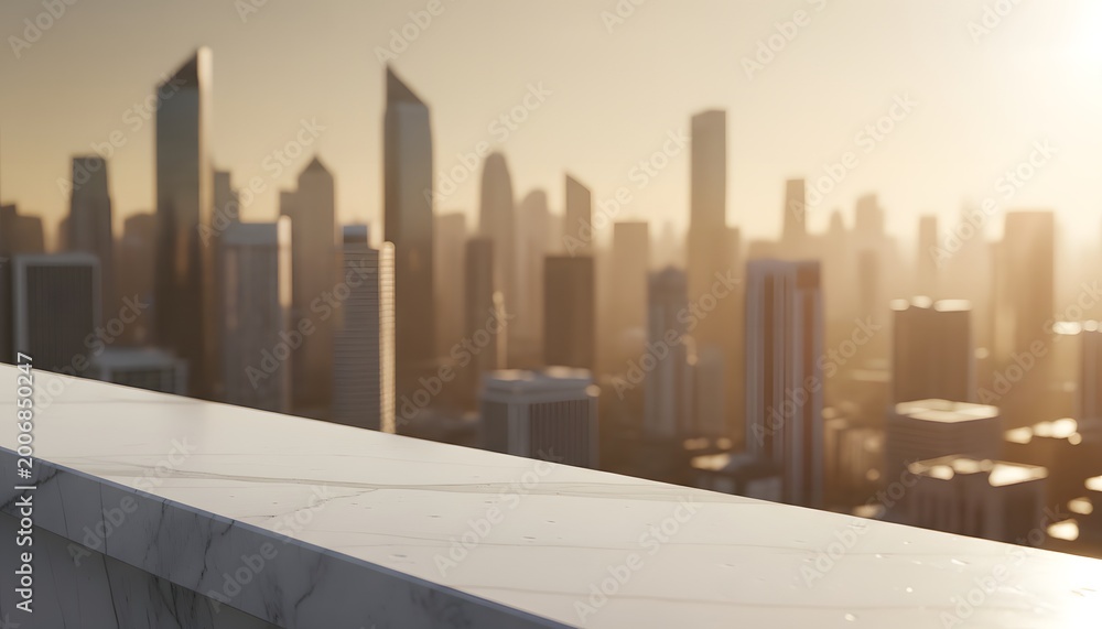 Obraz premium Empty white marble countertop with sunlight and warmth on skyline background for city heat escape concept, featuring urban skyscrapers in golden hour sunset lighting