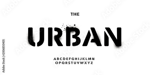 Urban Street Art Font Logo Stencil Alphabet Modular Spray Painted Letter Set Modern Typography, Creative Typographic Design for Title Text, Typo Poster Headline, Graffiti Fonts. Vector Typeface
