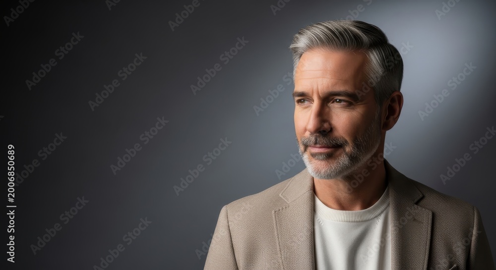 Obraz premium Mature man with gray hair and a neatly groomed beard poses confidently in a formal blazer.