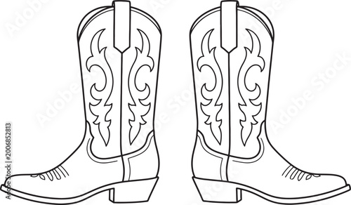 Black and white line of a pair of cowboy boots, facing outwards, with ornate stitching details also transparent background