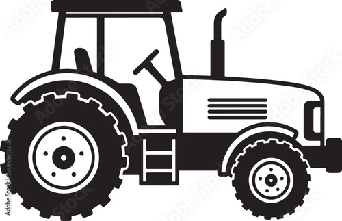 Black and white silhouette of a farm tractor with large tires and a cab also transparent background agriculture