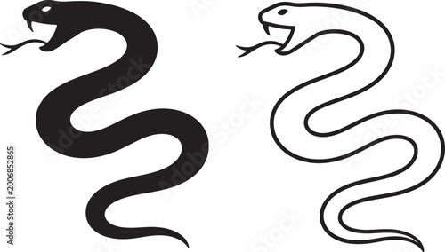 Canvas-taulu Black silhouette and outline of a coiled snake with fangs bared and tongue flick