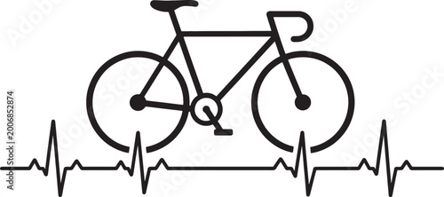 Black silhouette of a bicycle integrated with a heartbeat ekg line on a white background, also transparent background