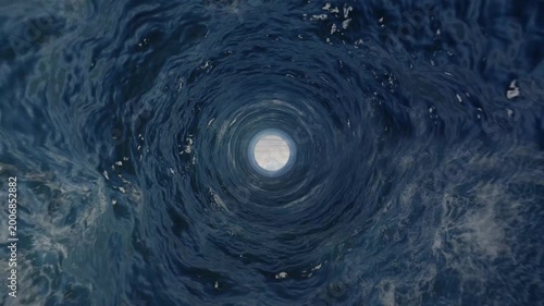 Dark ocean swirls inward, revealing a glowing moon