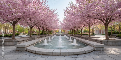 Water fountain surrounded by pink cherry blossom trees in bloom