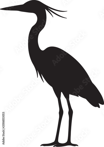 Silhouette of a blue heron standing on its legs, with a long neck and pointed beak, against a white background, also transparent background