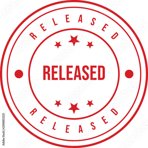 Schilderij op canvas This image displays a bold red circular stamp with the word RELEASED centered on