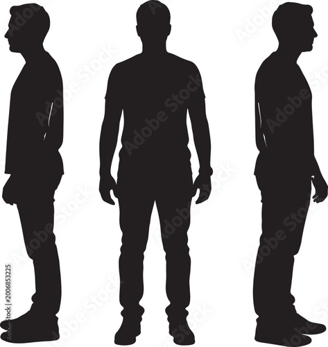 Quadro su tela Three black male silhouettes in profile and frontal view, standing casually in t