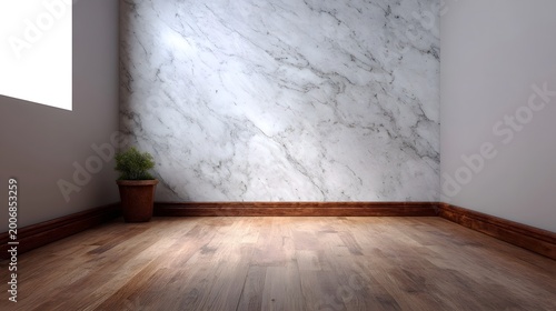 A sophisticated room corner featuring white marble walls and warm wooden flooring suitable for interior design mockups and staging