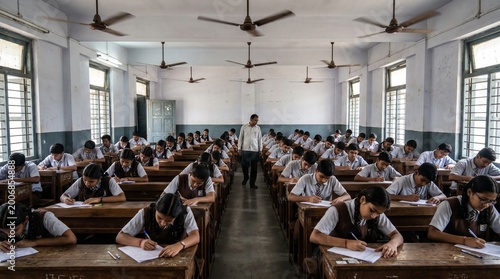 indian school students writing exam in vintage classroom with ceiling fans and natural light