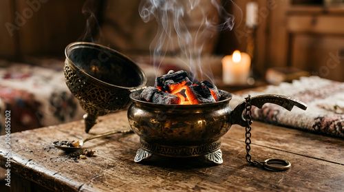 Traditional metal incense burner with glowing charcoal emitting fragrant smoke. Concept of aromatherapy, relaxation, or spiritual practices. Useful for wellness, cultural, or home decor themes.