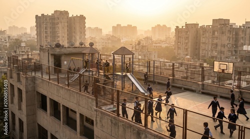 Indian students playing on rooftop school playground at sunset
