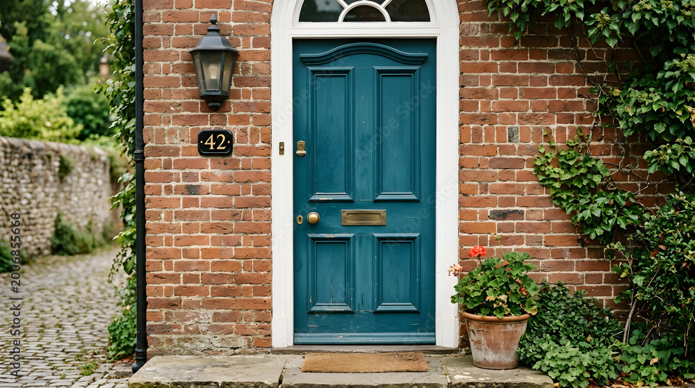 Fototapeta premium Blue door on brick house entrance surrounded by greenery. Concept of home design, welcoming atmosphere, or residential architecture. Useful for real estate and interior design articles.