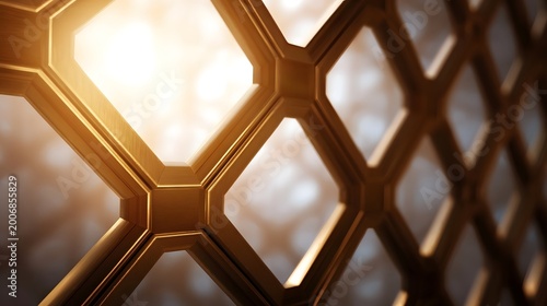 Radiant golden hexagonal geometric structure creating a luminous backdrop for modern design and technology themes