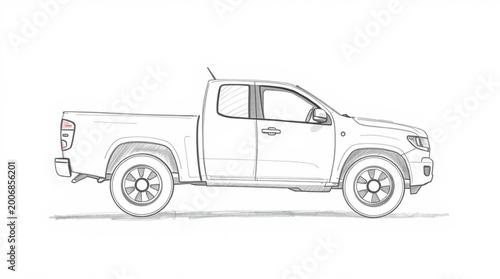 Minimalist Pickup Truck Side View Isolated on White Background, Clean Mockup Style