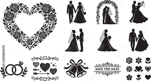 Wedding elements silhouette collection with bride groom heart floral frame rings and bells vector graphic set