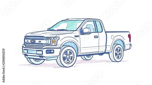 Minimalist Pickup Truck Side View Isolated on White Background, Clean Mockup Style