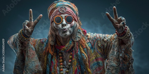 Colorful zombie in hippie clothing is dancing 