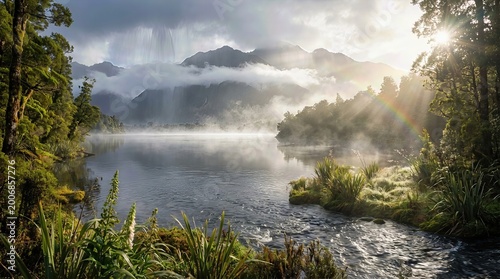 Lake displaying sunlight, vapor ascending from calm water, distant mountain covered by cloud, lush woodland, thick foliage, flowing river, delicate rainbow, pristine landscape