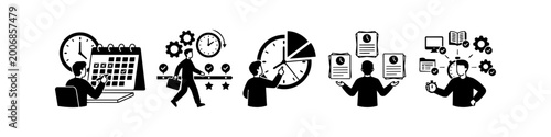 Set of five time management and productivity icons in black and white. Concepts include scheduling, workflow, task allocation, and multitasking for business and personal efficiency.