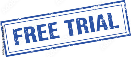 Photos Blue rectangular stamp with text free trial, promoting a no-cost introductory of