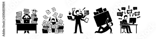 Vector illustration set showing an office worker overwhelmed by a heavy workload, deadlines, and digital notifications. Concepts of burnout, stress, and multitasking in a minimalist black style.