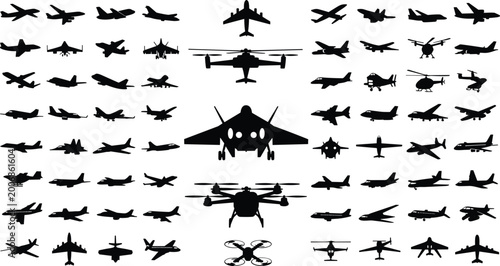 Fotografia Collection of diverse aircraft and helicopter silhouettes on white background