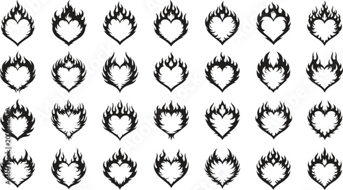 Foto Collection of flaming heart icons with stylized fire flames