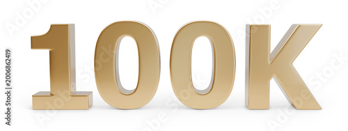 Golden 100k number in three dimensions isolated on white background. 3d illustration.
