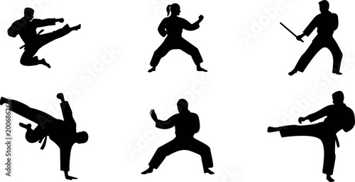 Martial Arts Silhouettes Set With Karate Kung Fu and Weapon Poses Isolated on White Background for Combat Sport Design.