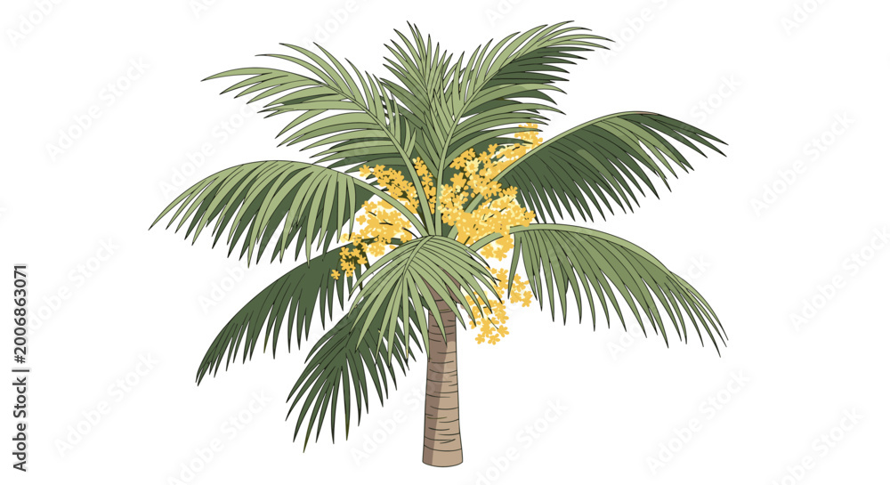 Obraz premium Coconut palm tree illustration with large green fronds and bright yellow flower clusters growing on the trunk.