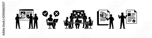 Photos Set of business process icons showing teamwork, software development, project management, decision making, data analysis, and final approval in a minimalist silhouette style