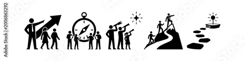 Schilderij op canvas Business leadership and vision icon set featuring teams navigating with a compass, climbing mountains to reach goals, and following a path to success