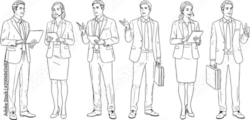 Set of professional business character icons including corporate men and women wearing formal suits with laptops and headsets for office teamwork concepts.
