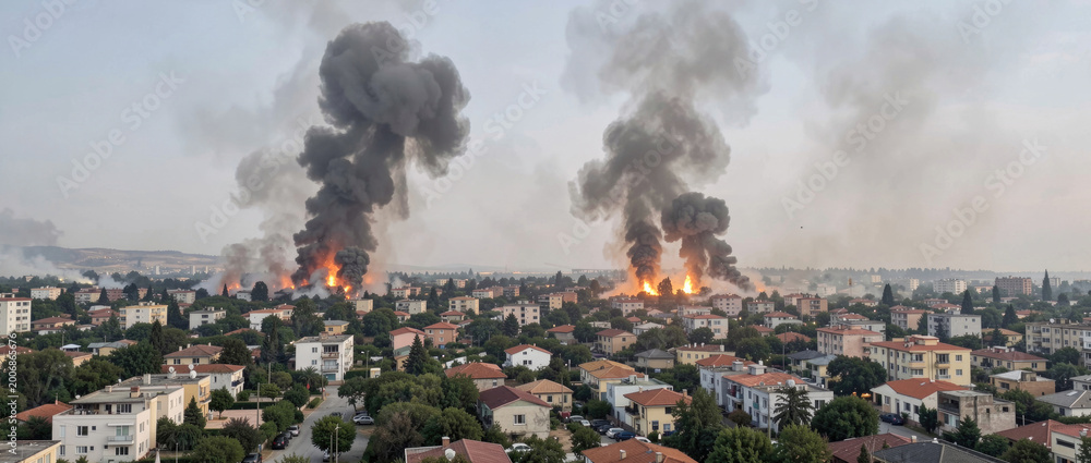 Fototapeta premium A city skyline with thick black smoke billowing out from multiple sources, often used to illustrate environmental or industrial issues