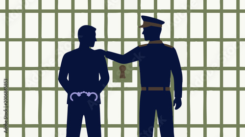 Tableau sur toile Police officer with arrested man in handcuffs behind jail bars