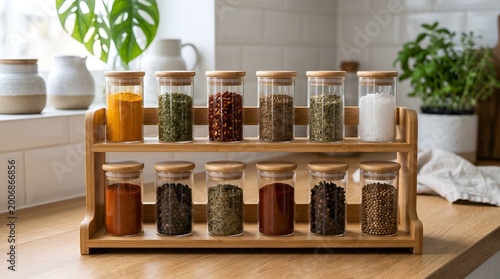 Spice jars on wooden kitchen counter.