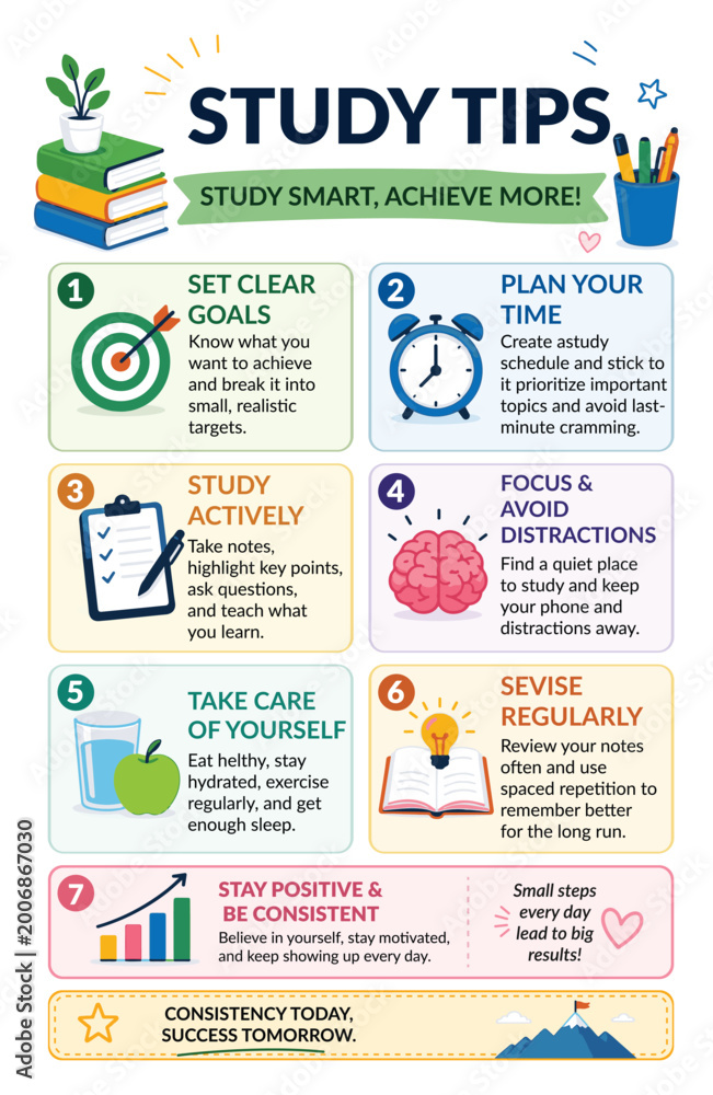 Obraz premium Smart Tips Education Infographic Template Study Skills & Growth Strategy With 7 Step Student Productivity & Learning Success Guide