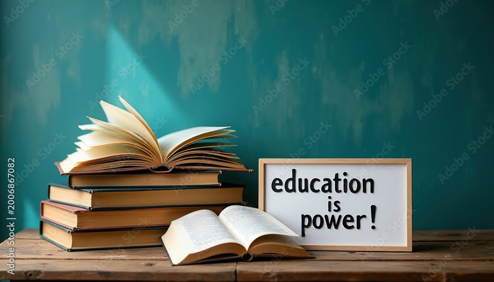 Obraz premium Stack of hardback books beside an open book and framed text saying education is power. Teal textured background and wooden table create a studious atmosphere.