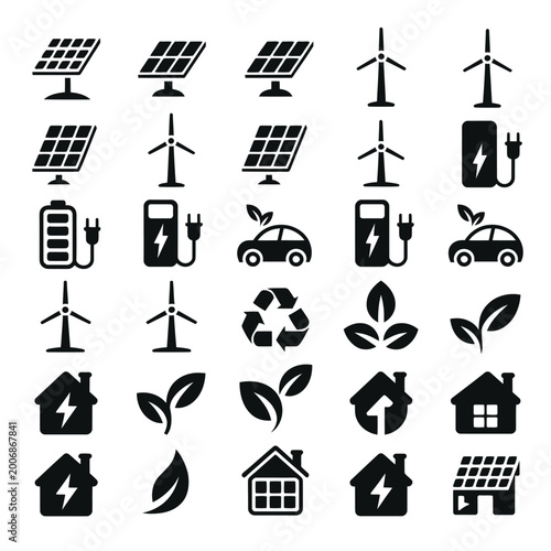 Photos A professional vector icon sheet featuring 30 different solid black silhouettes of renewable energy and green technology
